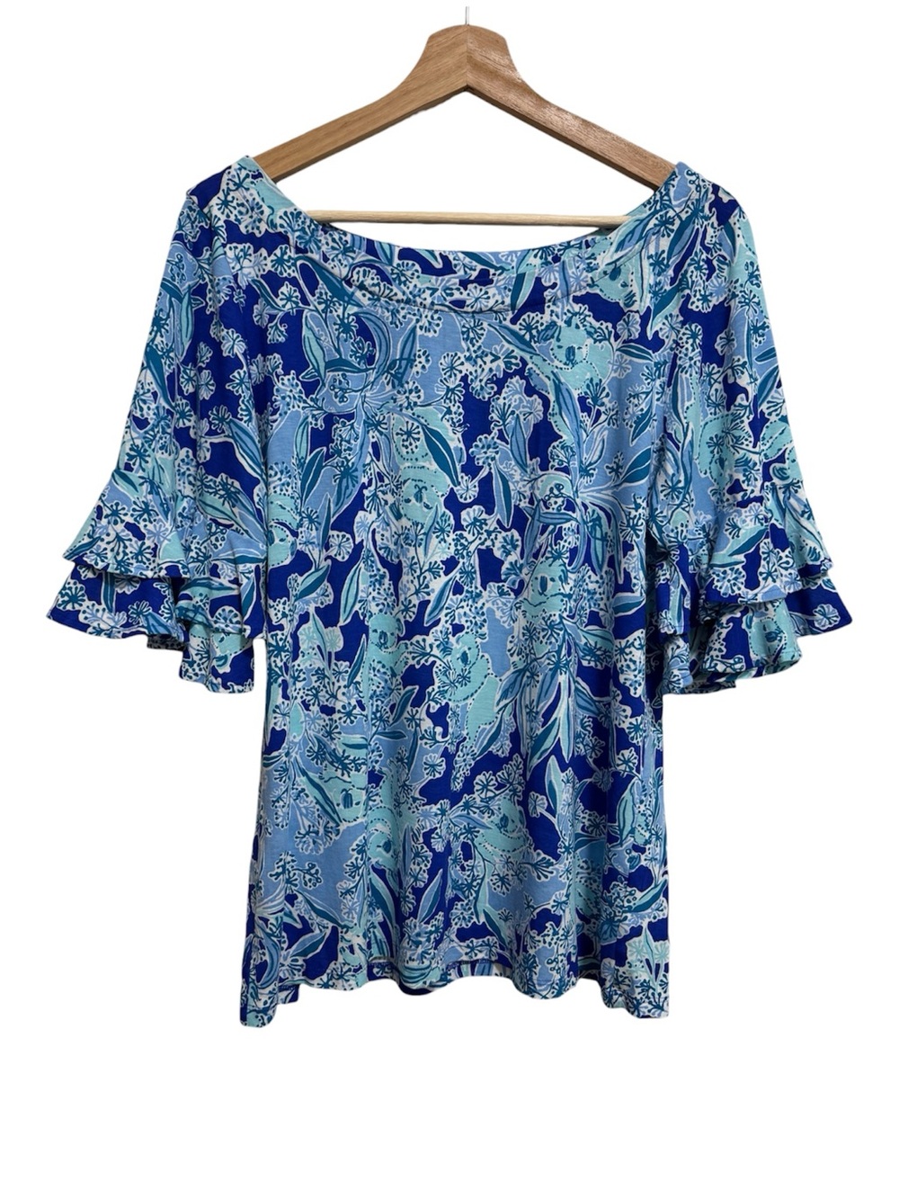 Lilly Pulitzer Lula Koala Floral Ruffle Blouse Top Women Large Pima Cotton Modal